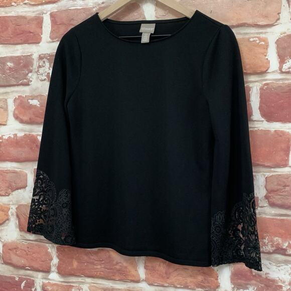 Chicos Top Shirt Womens Small 0 Plain Black Floral Burnout Sleeve Popover Blouse - Picture 3 of 8